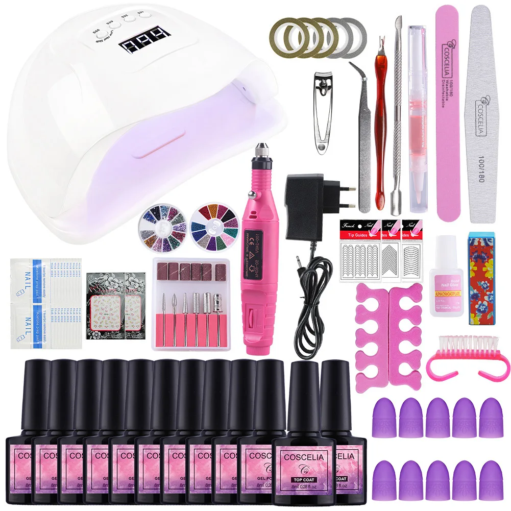 54W 10pc gel set Набор для ногтей УФ светодиодный светильник Сушилка с 10/15 шт. Гель-лак для ногтей комплект био-Гели Soak Off набор маникюрных инструментов Комплект гель-лаков для ногтей и нейл-арта - Цвет: 54W 10pc gel set