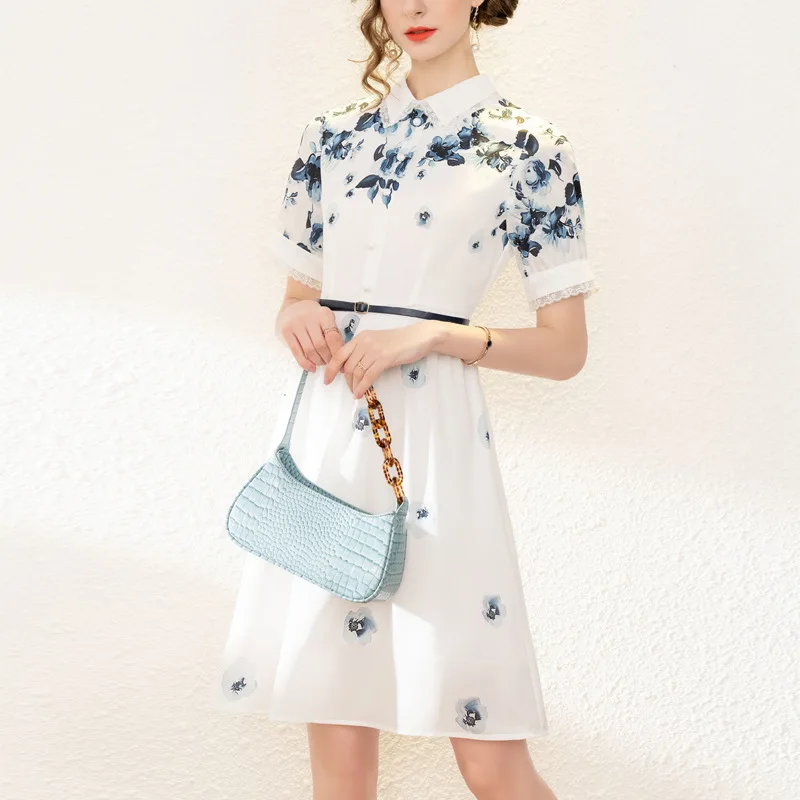 

French retro 2021 summer new print lapel slim lady lace stitching dress