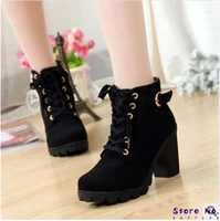 how plus size 41 ankle boots women platform high heels lace up buckle strap shoes thick heel short boot ladies zipper footwear