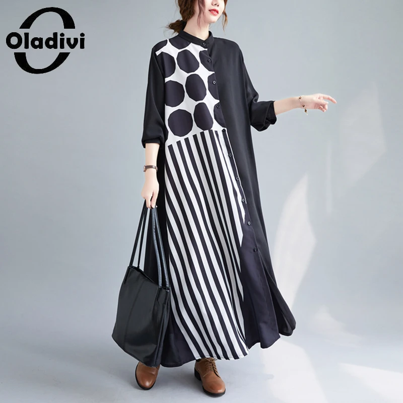 

Oladivi Oversized Women 3/4 Sleeve Shirt Dress 2021 Autumn Casual Loose Polk Dot Strip Dresses Female Tunic Vestidios Robe 1465
