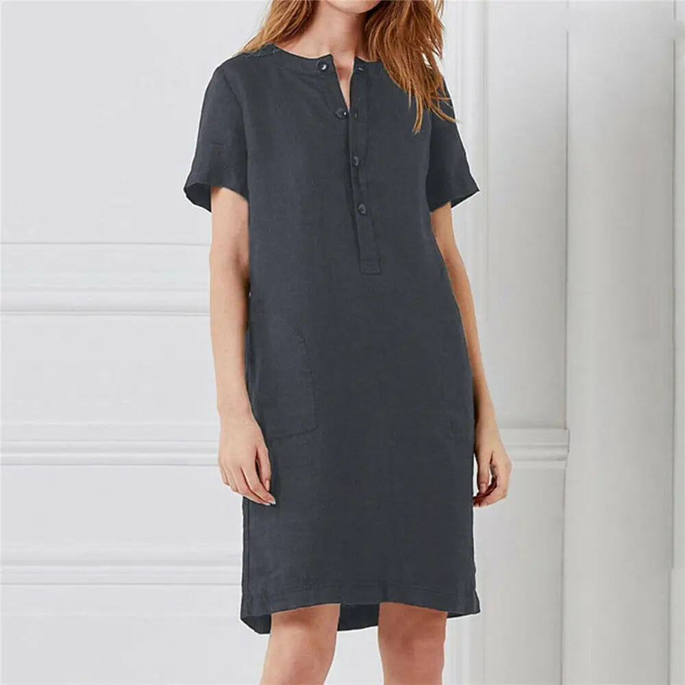 Womens Summer Dress 2019 Casual Party V-Neck Pocket Button Loose Cotton Linen Robe Femme Plus Size | Женская одежда