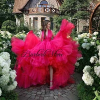 very puffy rose red tulle prom dress top quality v neck high low mesh formal party gowns pretty bridal dresses vestidos
