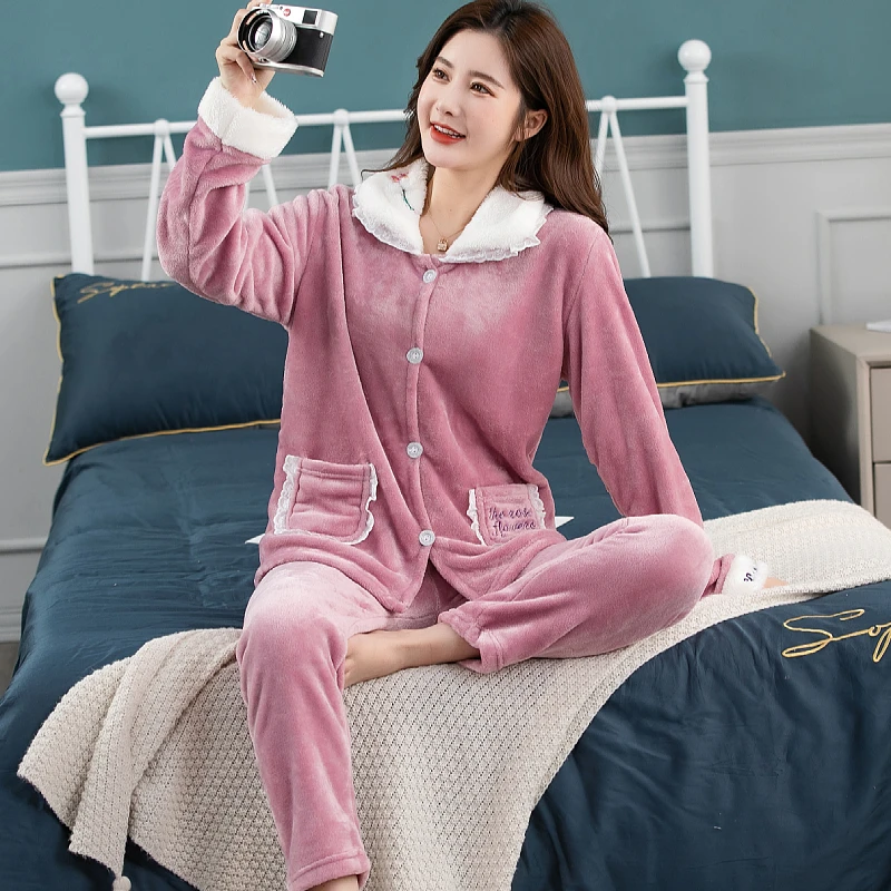 

Pajamas Women Winter Thick Coral Fleece 2021 New Spring Autumn Flannel Can Be Worn Outside Warm Suit Home Service Feminine Y25