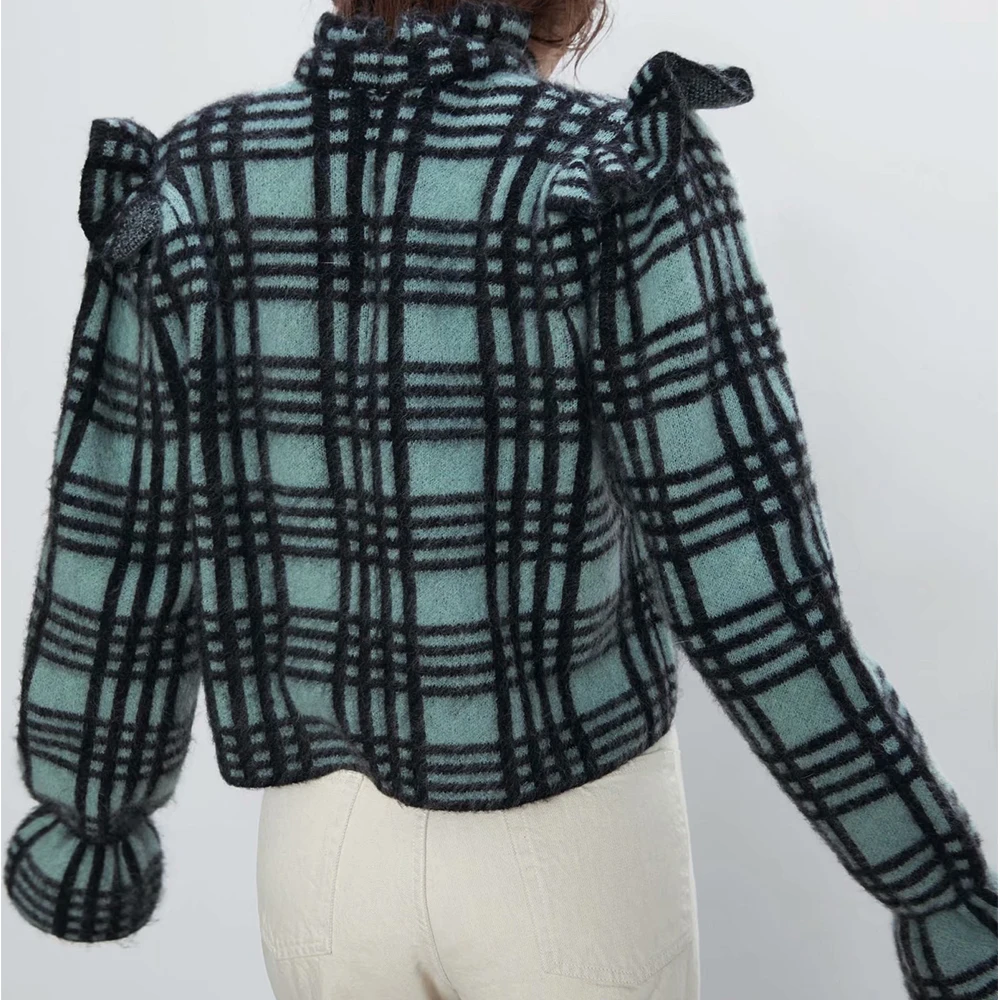 ZA новый женский черный зеленый плед водолазка тянет тонкий мохер мягкий удобный