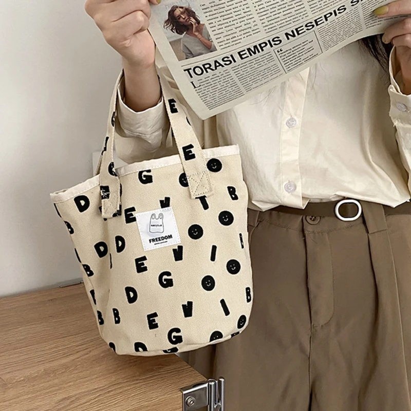 

Canvas Lunch Bag Reusable Picnic Bucket Bags Casual Tote Female Portable Purse Fashion Storage Handbags for Women Lady