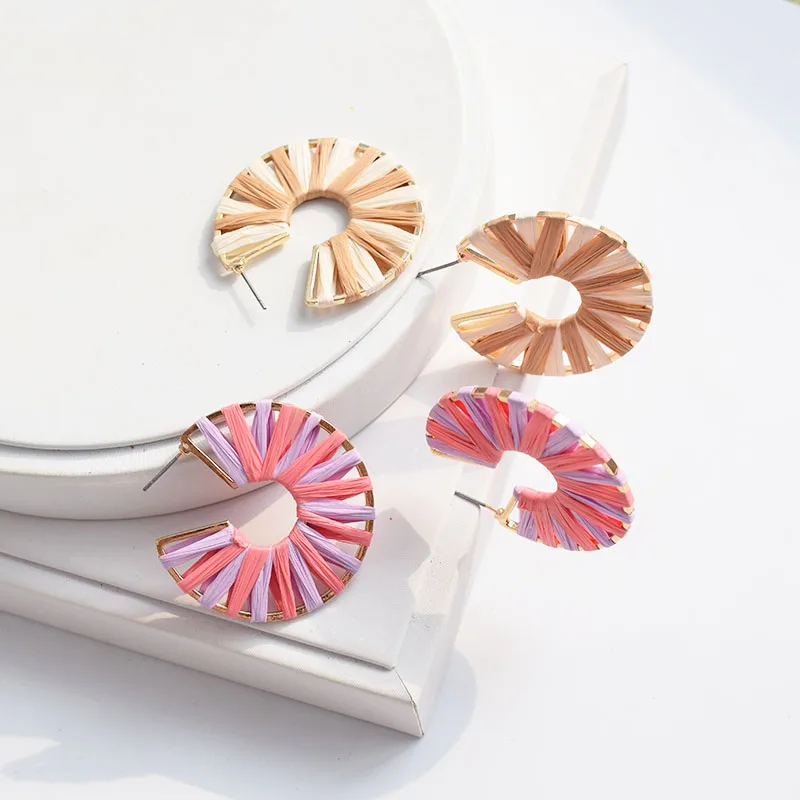 

F.J4Z Bohemian Raffia Fan Drop Earrings Embroidery Handmade Women's Earrings Korea Girls Gifts Dropship Jewelry