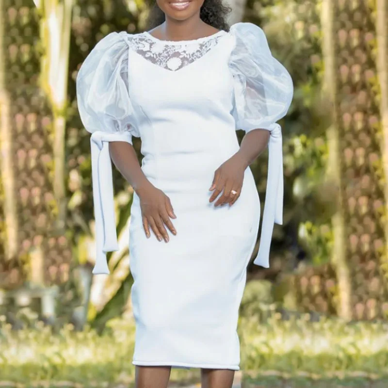 

Женское элегантное белое платье, Сетчатое Тюлевое платье с рукавами-фонариками, облегающее платье в стиле пэчворк, соблазнительные Стильны...