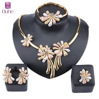 women dubai gold color crystal flower necklace earring ring bangle statement accessories party jewelry set