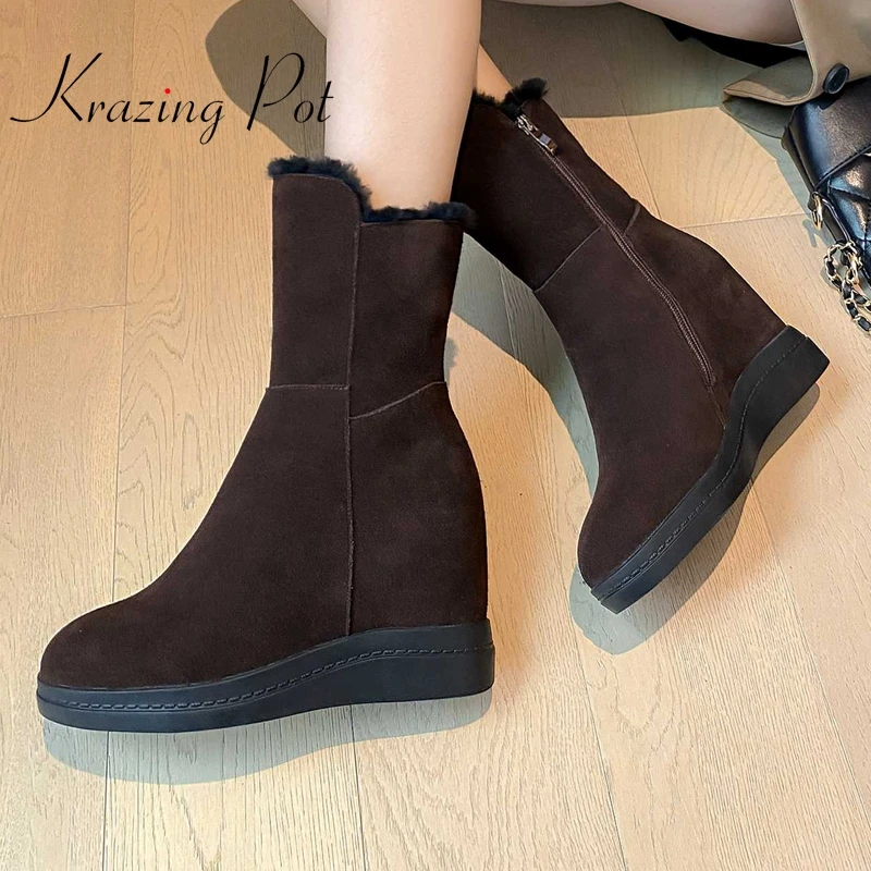 

Новые замшевые ботинки krazing pot на очень высоком каблуке, с круглым носком, зимние теплые ботинки для снежной погоды, универсальные ботильоны ...