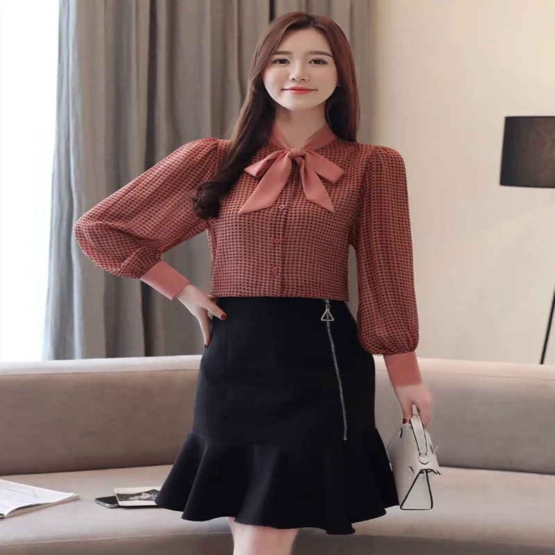 Блузка женская шифоновая в клетку Модная элегантная офисная рубашка с завязкой и