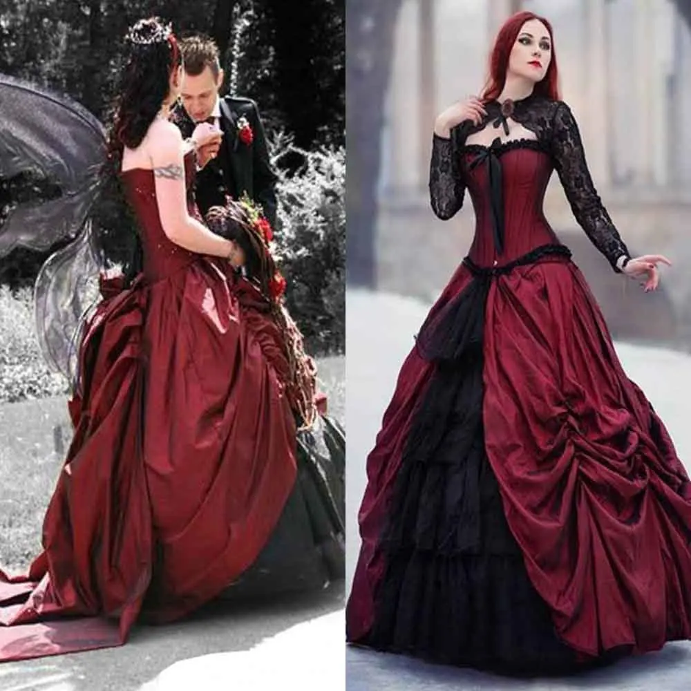 Vampires Medieval Black And Red Wedding Dress With Lace Jacket Costumes Gothic Country Rustic Wedding Gown 2022 Vestido De Noiva