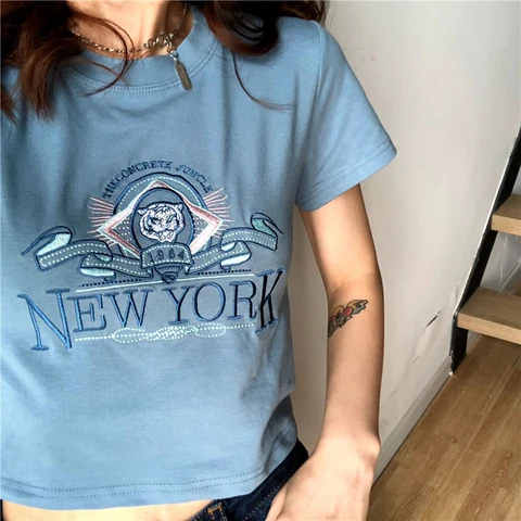 Футболка женская с надписью «Нью-Йорк», модная уличная одежда в стиле Харадзюку, Топ в стиле панк, Винтажная летняя рубашка с коротким рукавом в стиле ольччан