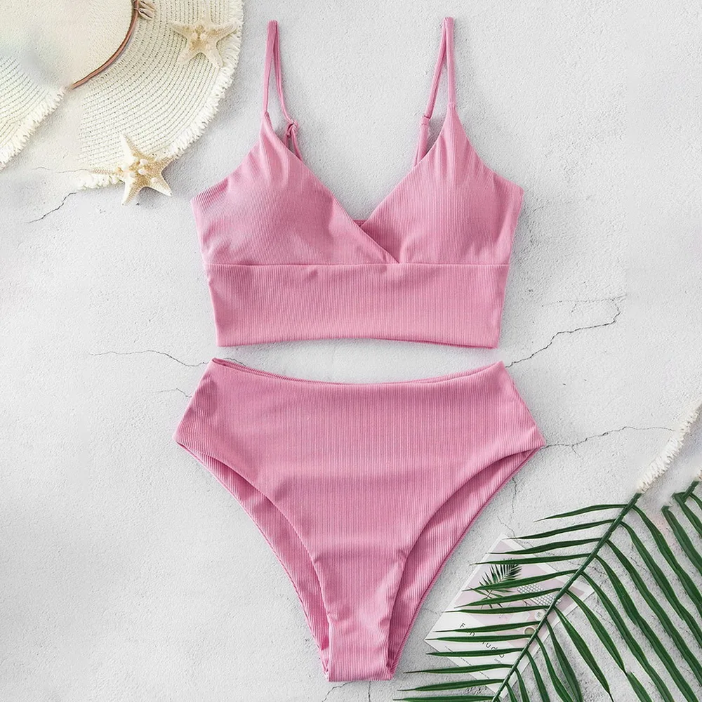 

2021 New Beachwear Bikini Set High Waist Bikinis Swimsuits Push Up Swimwear Women Strap Bathing Suit Women Solid Biquini