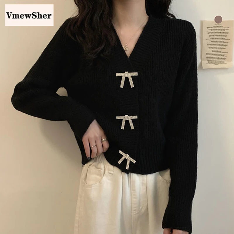 

VmewSher New Sweet Bow Buttons Cardigan Women Sweaters Spring Knitted Loose Long Skleeve V-neck Knitwear Korean Fashion Tops