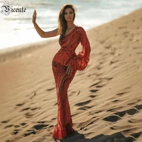 vc red long dress for women 2021 autumn party prom one shoulder diagonal collar long sleeved sequined diamond skirt