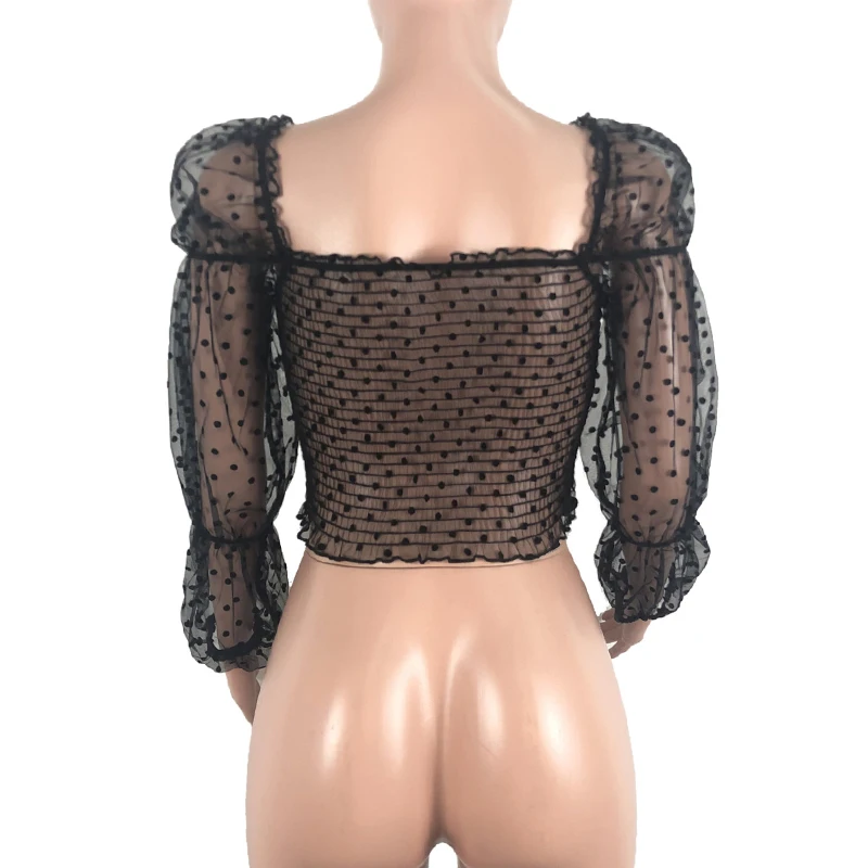 

Women Mesh Sheer Tops Summer Square Collar Elastic Pleated Crop Tops Long Sleeve Black Polka Dots Sexy Shirt Puff Sleeve Blusa