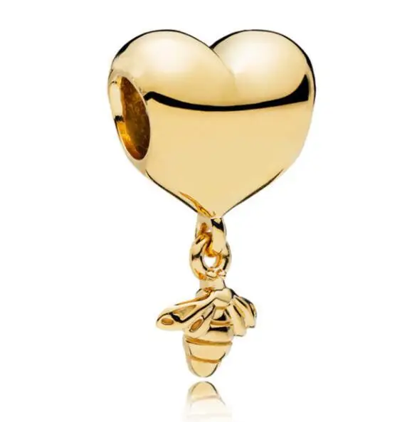 

Genuine 925 Sterling Silver Charm Gold Color Shine Love Heart Hanging Bee Beads Fit Pan Bracelet & Necklace Diy Jewelry