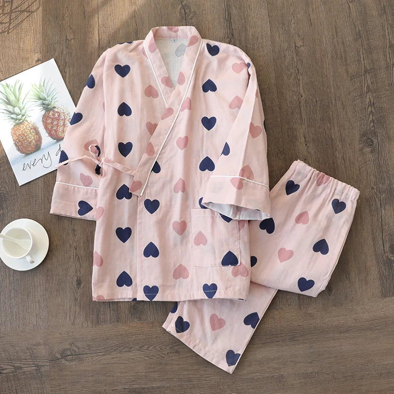 Japanese kimono Cotton Women Pajamas Sets Pyjama Cute Cartoon Button Top+Pants 2Pcs /lot Pijama Sleepwear Lounge Wear | Женская одежда