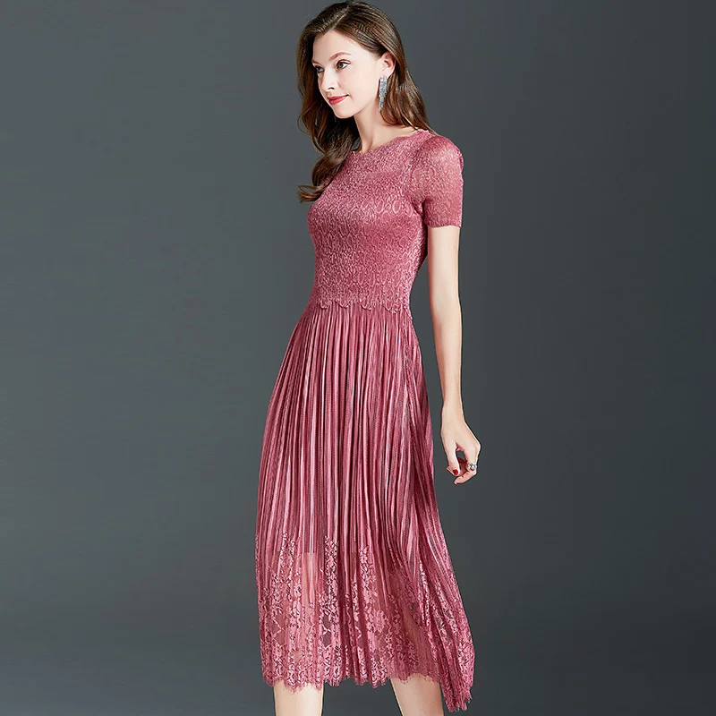 

Summer new vintage Lace Chiffon Long dress Casual Mesh Pleated dress female Solid color Short sleeve O-Neck Long dress women