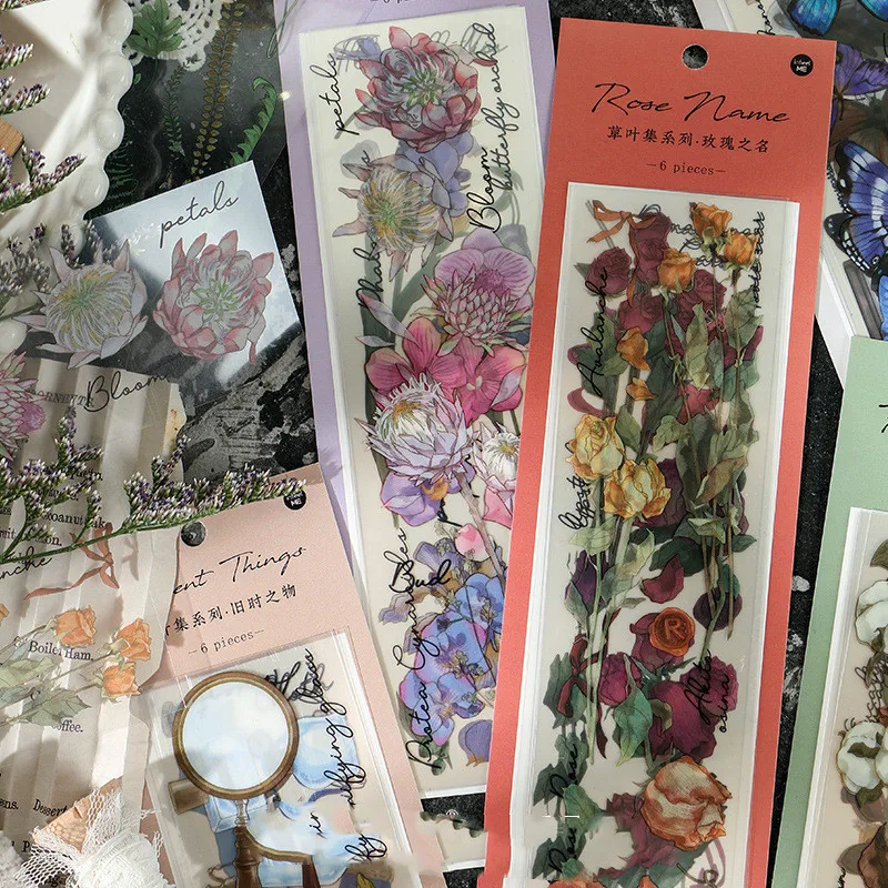 

6pcs Set Vintage Plants Lemon Cotton Glass Bottle PET Stickers Package Diary Journal Decoration Label Sticker Album Scrapbooking