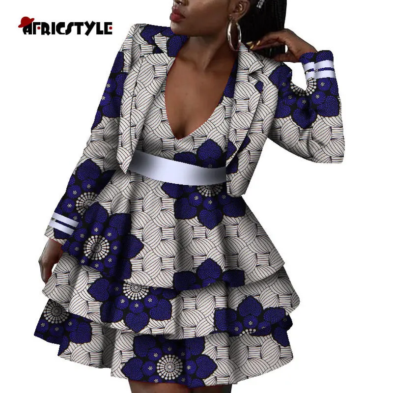 African Jacket and Dress 2-piece Set for Women Perfect Quality Print Plus Size Clothes WY8811 | Тематическая одежда и