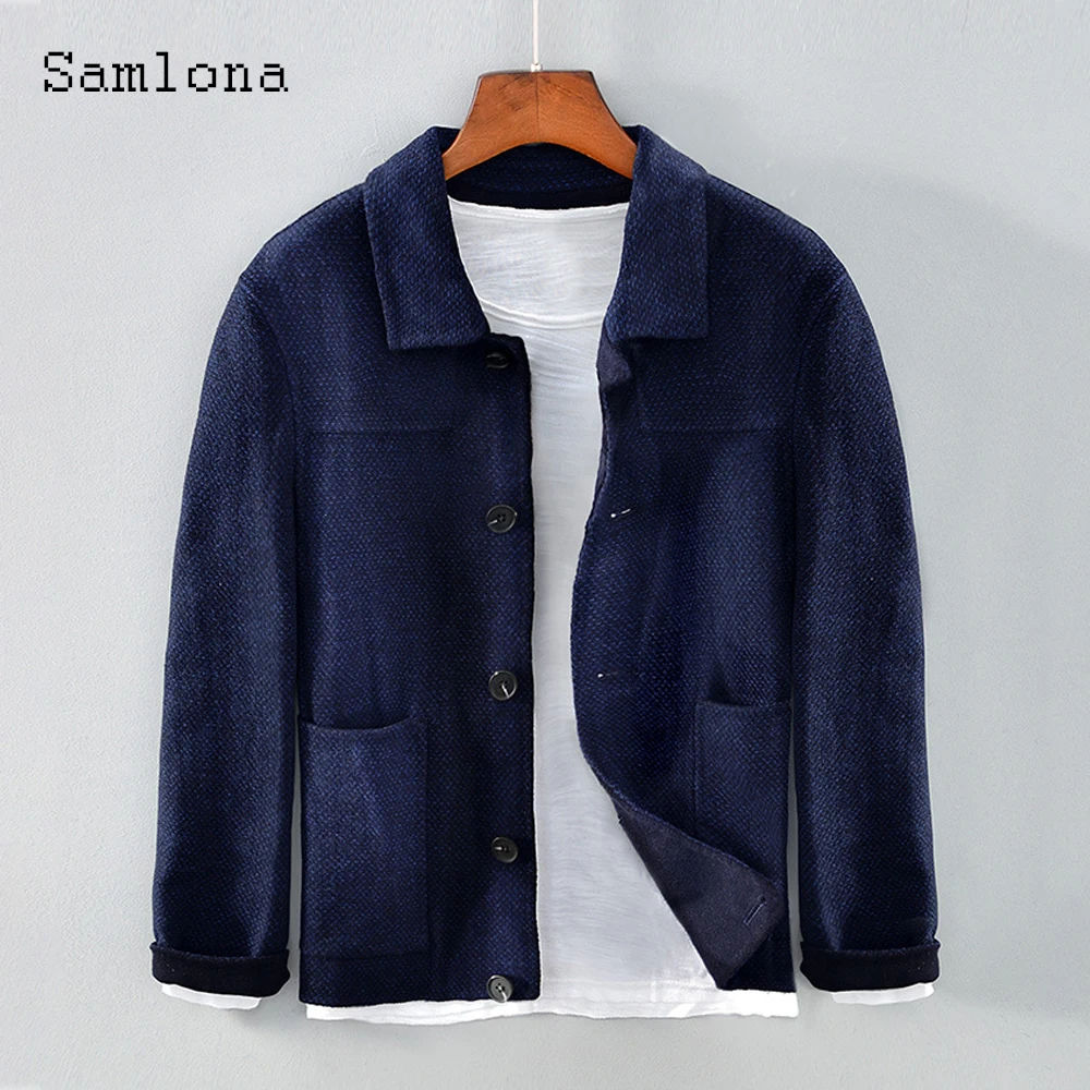 

Samlona Plus Size Men Fashion Leisure Blazers European Style 2021 Autumn Stand Pockets Jackets Business man Blazers Outerwear
