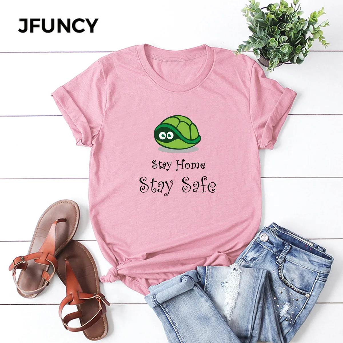JFUNCY Funny Stay Home Stay Safe Cotton Summer T Shirt Women Short Sleeve T-shirt Female Tees  Casual Lady Basic Tops