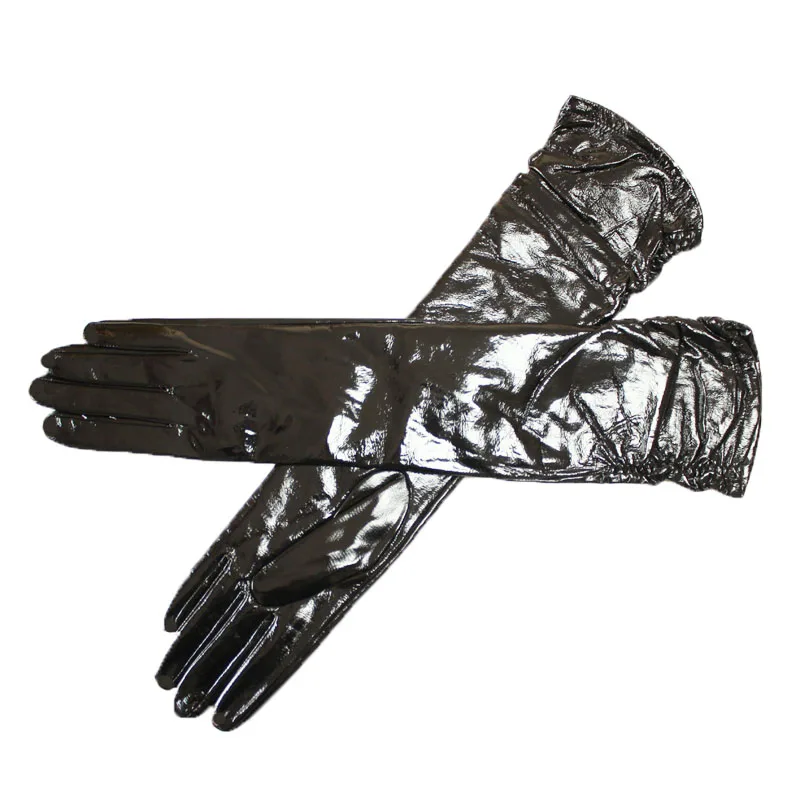 Настоящие новые Guantes длинные кожаные перчатки женские из овчины локоть лакированная бархатная подкладка Теплые щитки для рук