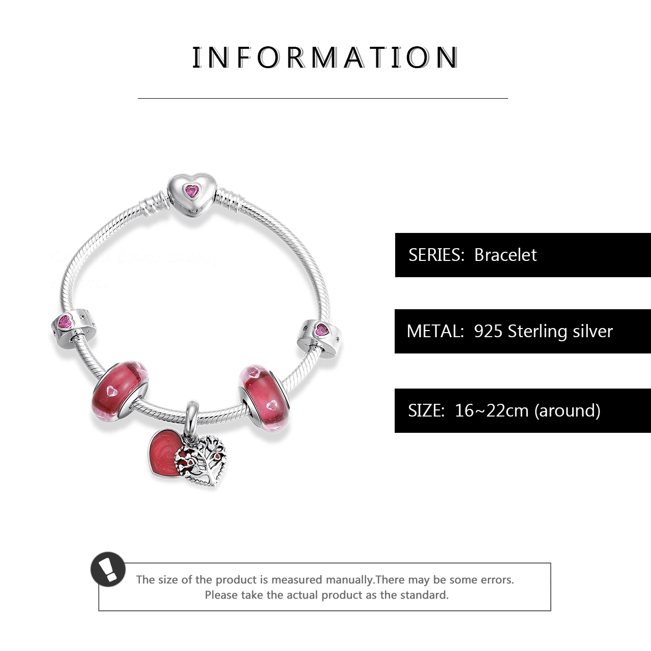 

925 Sterling Silver Red wine Glass Beads Snake chain Charm With Tree of life Heart Charms Bracelets Pendants for Women