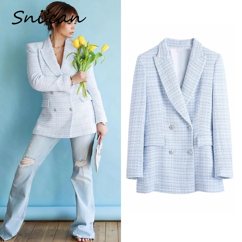 

Snican Light Blue Plaid Tweed Veste Femme Double Breasted Uniform Office Ladies Jacket Coat Za 2021 Women Chaquetas De Mujer New