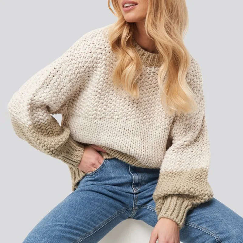 

Женский осенне-зимний свитер, вязаный пуловер в стиле пэчворк, облегающий джемпер с длинным рукавом и круглым вырезом, мягкая теплая одежда