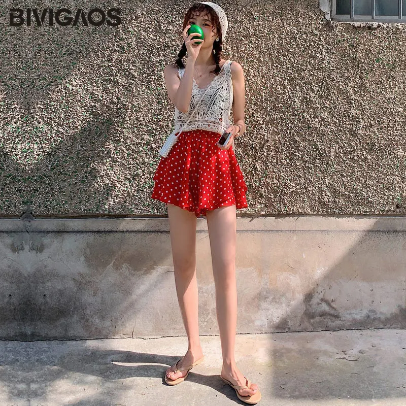 

BIVIGAOS Summer New Polka Dot Culottes Shorts Women Thin Chiffon Ruffled Elastic High Waist Loose Casual Shorts Skirts Wide Leg