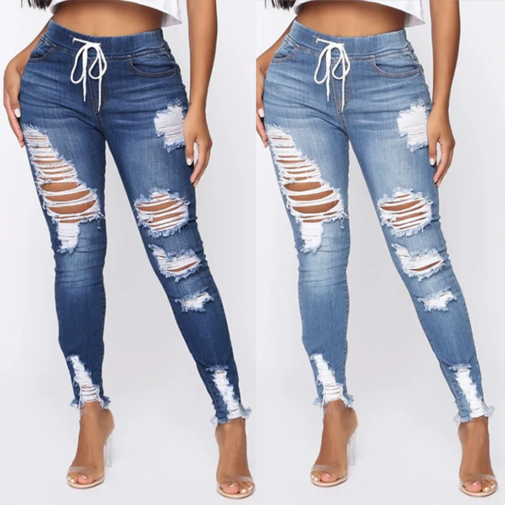 

Пикантная классическая посадка на талии на шнурке большого размера тонкие брюки 2021 новые летние светильник синие женские джинсы, облегающи...