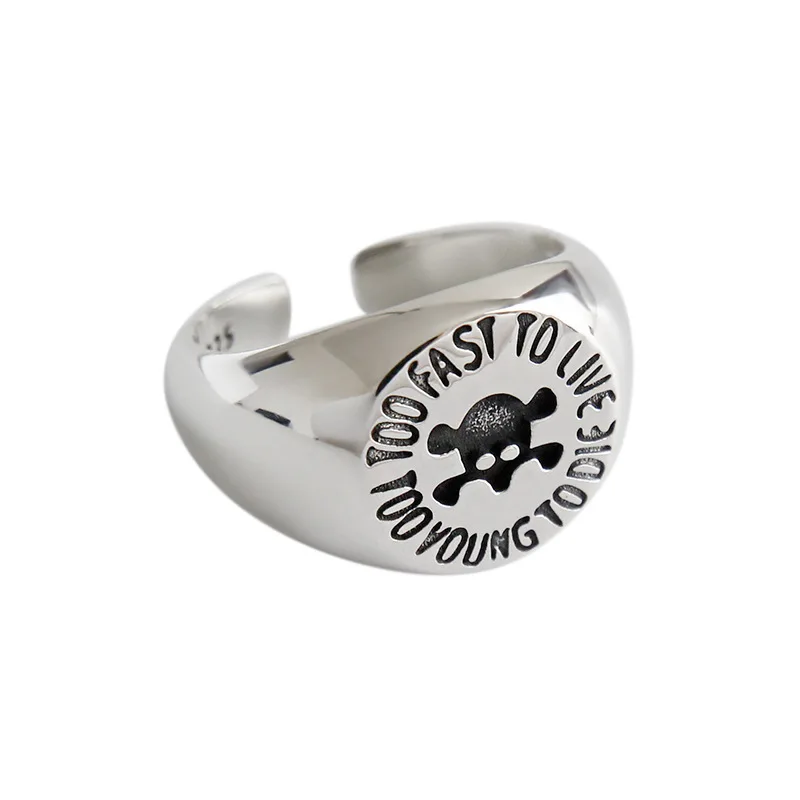 

S925 Sterling Silver Ring INS Retro Wide-faced Skull Head Open Ring English Letter Engraving Personality Silver Ring Jewelry