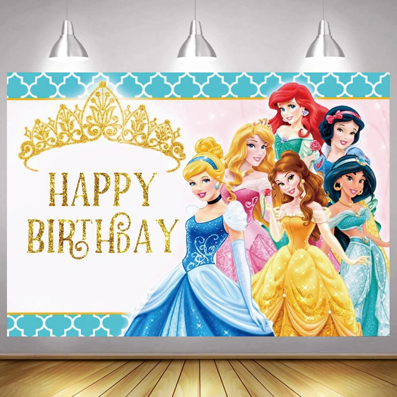 

Custom Girls Happy Birthday Backdrop Shiny Crown Princess Tiger Baby Shower Photo Background Ariel Banner Party Decor Studio