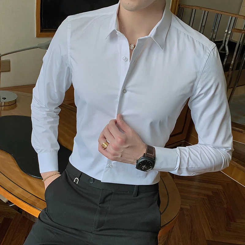 

2021 New Fashion Cotton Long Sleeve Shirt Solid Slim Fit Male Social Casual Business White Black Dress Shirt 5XL 6XL 7XL 8XL