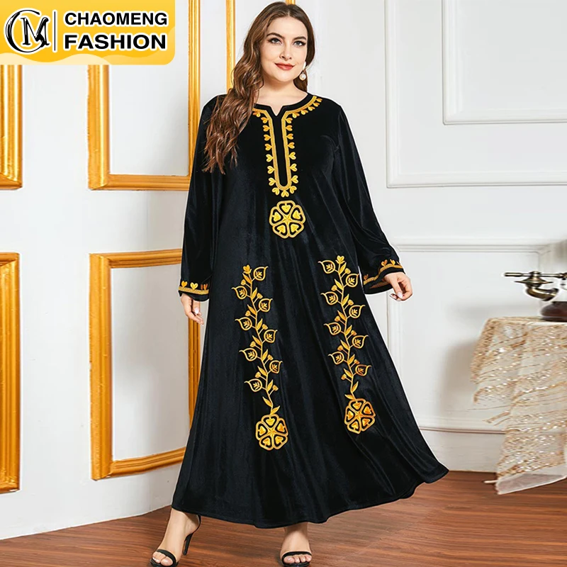 

Latest Plus Size Dress Autumn and Winter Women's Ethnic Embroidery Long-Sleeved Black Color Casual Gold Velvet Dress Robe