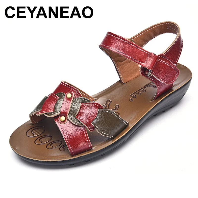 

CEYANEAOSummer Older Women Mother Fashion Female Casual Open Toe Wedge Hollowed Heels Real Leather Sandals Ankle Buckle Shoes