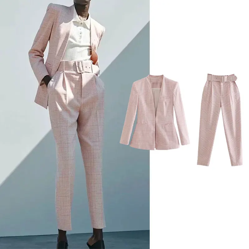 

PPYQYKX Za blazers 2021 women's clothing autumn Fashion Pink Plaid Suits with pants suit Slim Matching Belt 2-piece casual sets