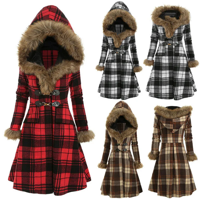 

Popular Hooded Fur Alloy Button Slim Plaid Long Sleeve European And American Women's Coat Woolen Medium Long Winter Coat Women