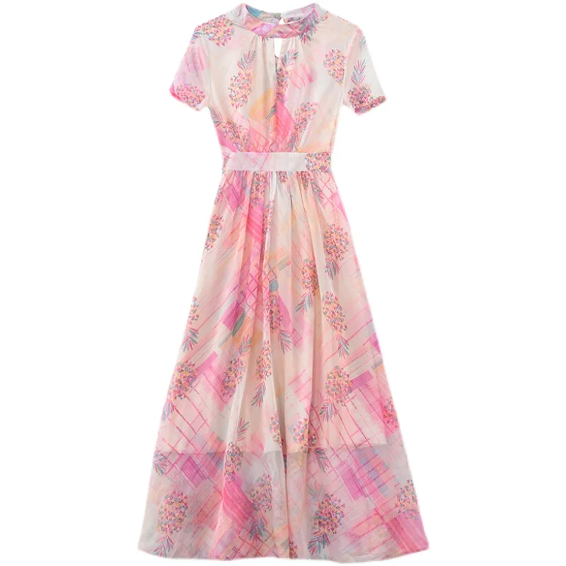 

COIGARSAM 3XL Plus Size Print Women Long dress New Summer Short Sleeve Dresses Pink 2886