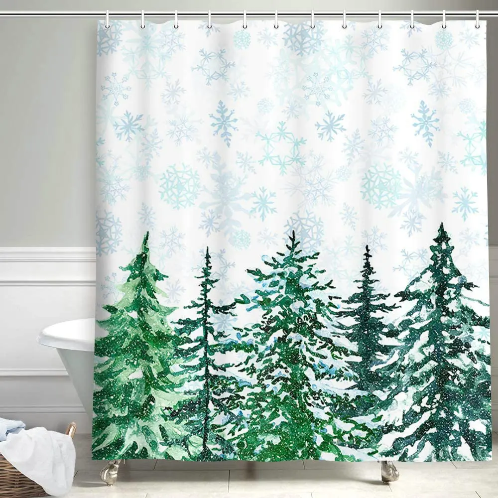 

Farmhouse Christmas Shower Curtain Bathroom Rustic Snowy Pine Trees Nature Landscape Winter Forest Snowflake Polyester Screen