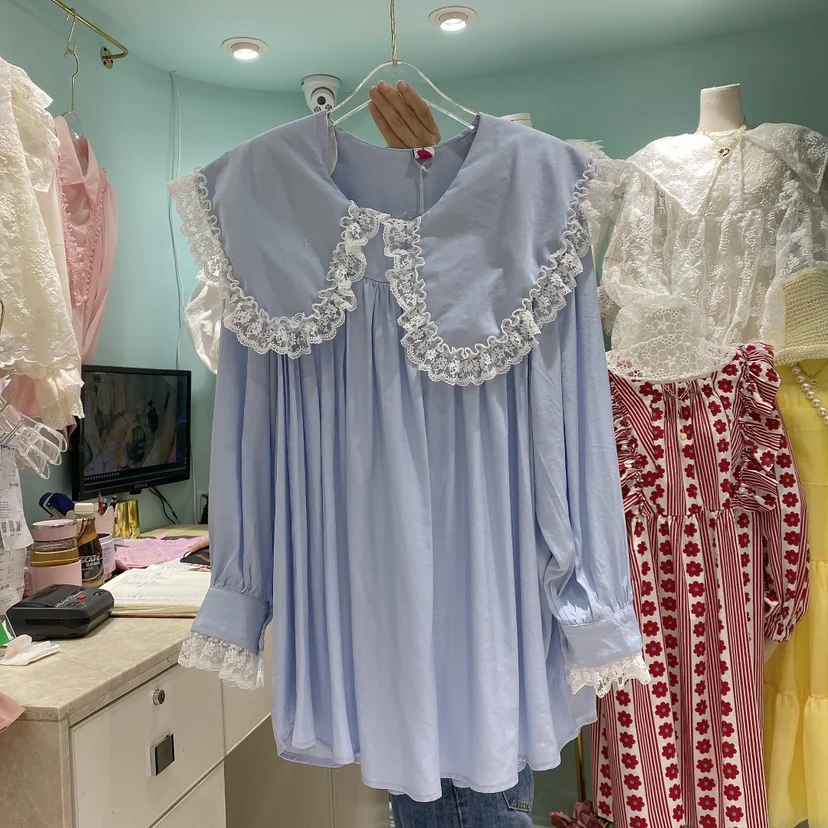 

Sweet Hollow-out Lace Stitching Elegant Top Casual Peter Pan Collar Lady's Shirt Loose All-Matching Fashion Pleated Blouse