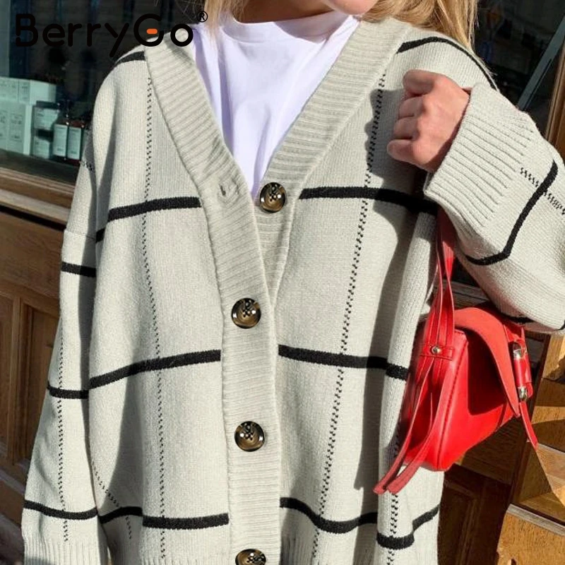 BerryGo однобортный женский клетчатый свитер кардиган длинный рукав трикотажная