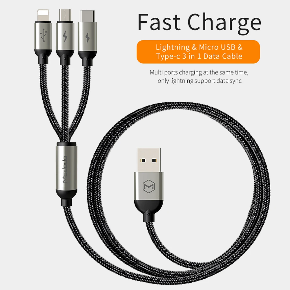 Mcdodo 3 в 1 3A USB кабель для iPhone X 8 7 Зарядка Micro USB кабель Тип C USB кабель для lightning samsung Android мобильный телефон