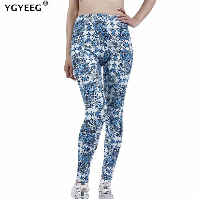 

YGYEEG High Waist Fitness Leggings Women Sexy Blue Flowers Printed Workout Pants Push Up Slim Elasticity Ankle-Length Bottom