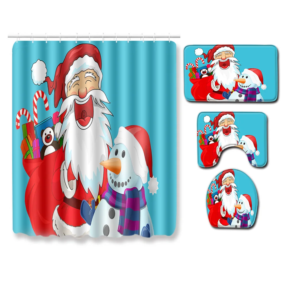 

Christmas Bath Curtain Waterproof Shower Curtain Absorbent Bathroom Carpet Set Washable Bathroom Toilet Pedestal Rug Foot Mat