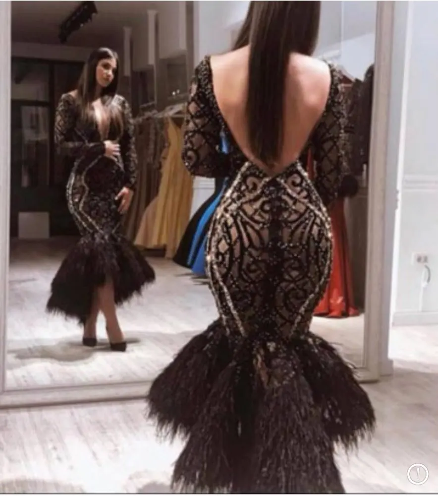 

Black Luxury Feather Prom Dresses Long Sleeve Lace Beads V Neck Celebrity Evening Dress High Low Formal Party Wear