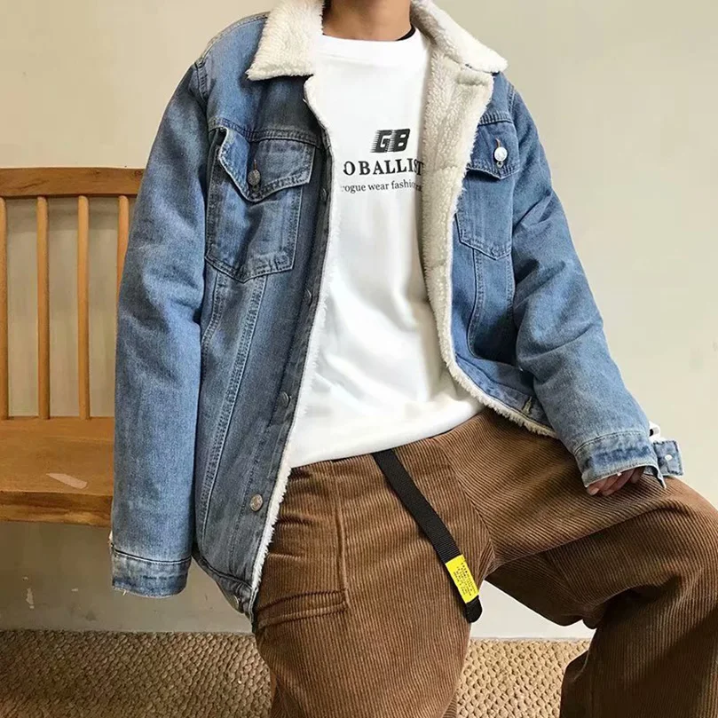 Мужская Утепленная джинсовая куртка кашемировая из овечьей шерсти с хлопковой