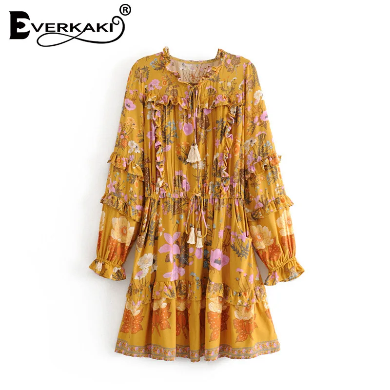 Yellow Everkaki/мини-платье с оборками для женщин, Boho, с принтом, кисточками, поясом, с завязками, с длинным рукавом, женские короткие платья, женские,, осень, Новинка - Цвет: Yellow